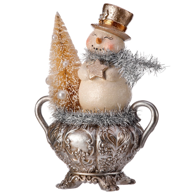 Resin Snowman On Urn With Bristle Tree 7″