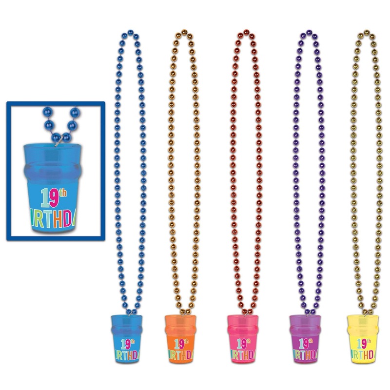 12 Pack Bulk 19th Birthday Bead Necklace with Glass Asst colors