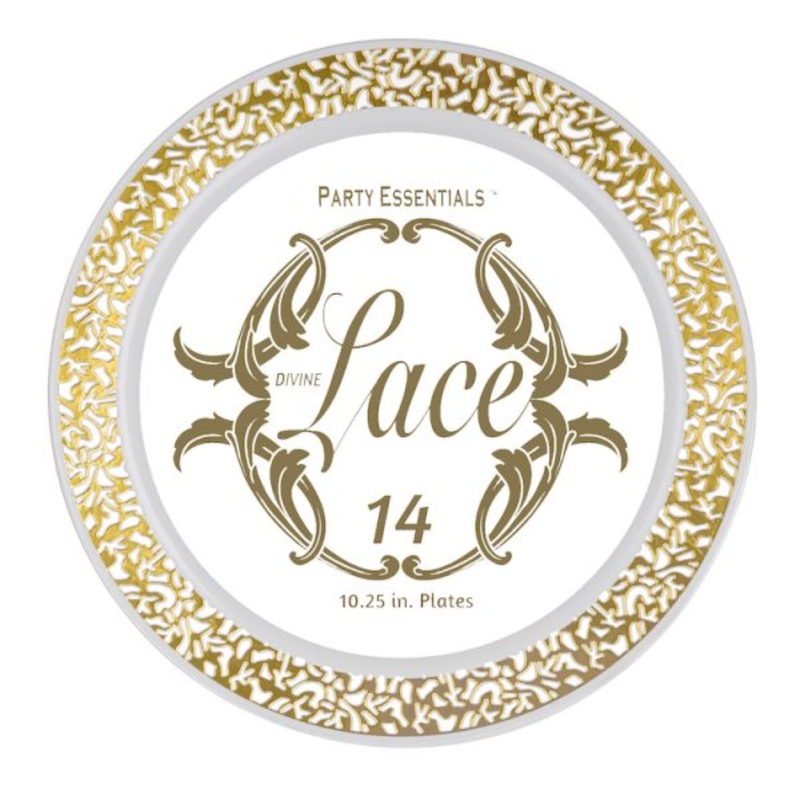10.25 LACE PLATES  WHITE W/ GOLD EDGE 14 CT.