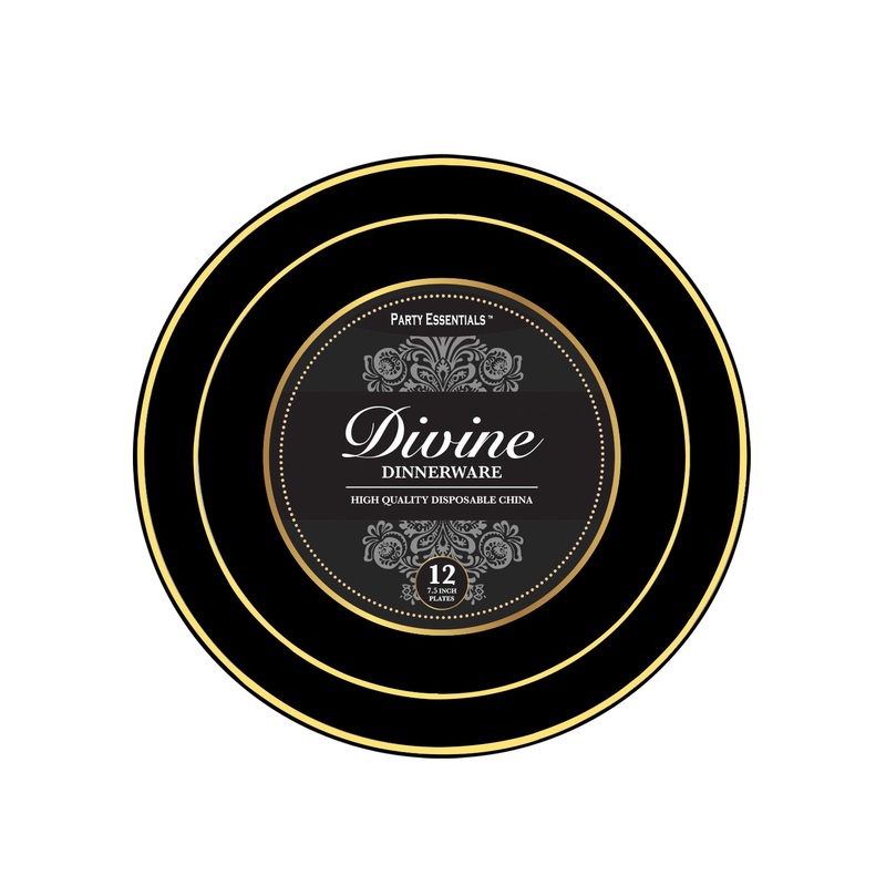 7.5 PLATES  BLACK W/ GOLD RIM 12 COUNT