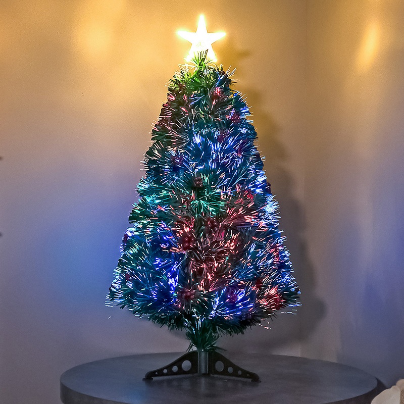 3FT (90cm) Green Fibre Optic Christmas Tree with Multi-coloured Fibre Optics and Red Berries